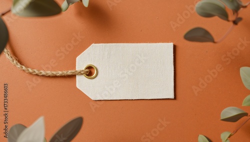 Blank paper hang tag with metallic eyelet on terracotta, retail, sale, label, gift, branding