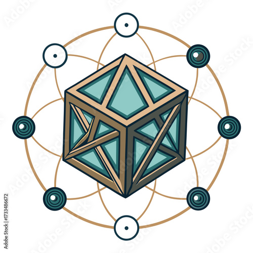 Abstract geometric design featuring a central cube and orbital circles.