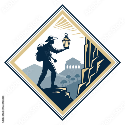 Silhouette of a hiker holding a lantern on a rocky mountain peak.