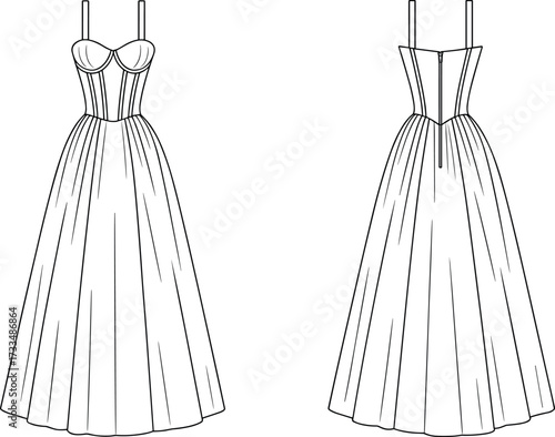 Elegant long dress technical flat sketch, front and back view, structured bodice, pleated skirt, fashion illustration, garment construction template