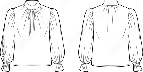 Fashion technical flat sketch of women’s blouse with puff sleeves, bow tie neck, pleated design, front and back view illustration