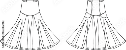 Flared skirt technical sketch, front and back view, panel design, yoke seam, triangular inserts, fashion illustration, garment construction, apparel