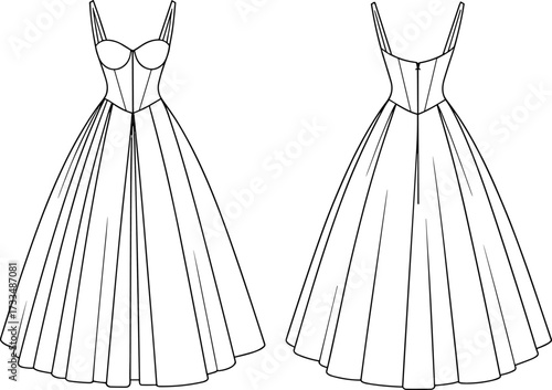 Full panel dress technical flat sketch, front and back view, structured bodice, flared skirt, fashion illustration, garment construction template