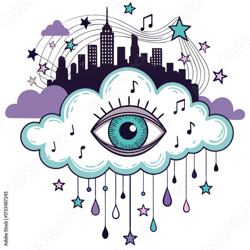 A whimsical cityscape with an eye watching from a cloud.