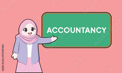 Background of female teacher character and blackboard, accountancy. Accounting modern flat style color vector illustration.
