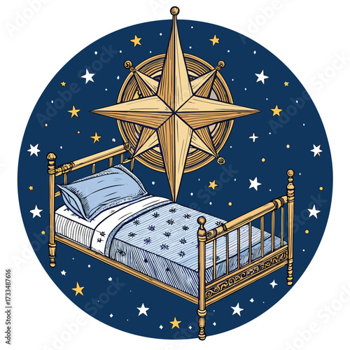 A stylized image of a bed under a starry night sky.