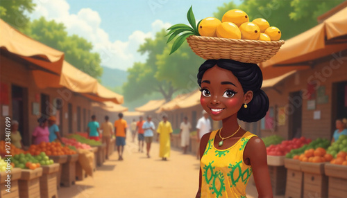 A-cute-African-woman-with-a-woven-basket-of-mangoe__Ai Generate 