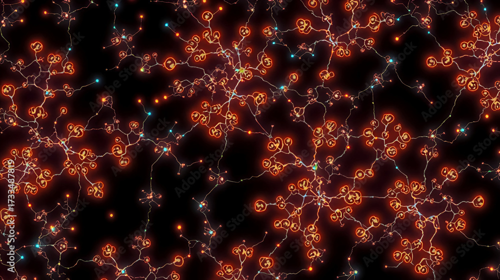 Fototapeta premium Glowing bioluminescent mycelium neural network seamless pattern.