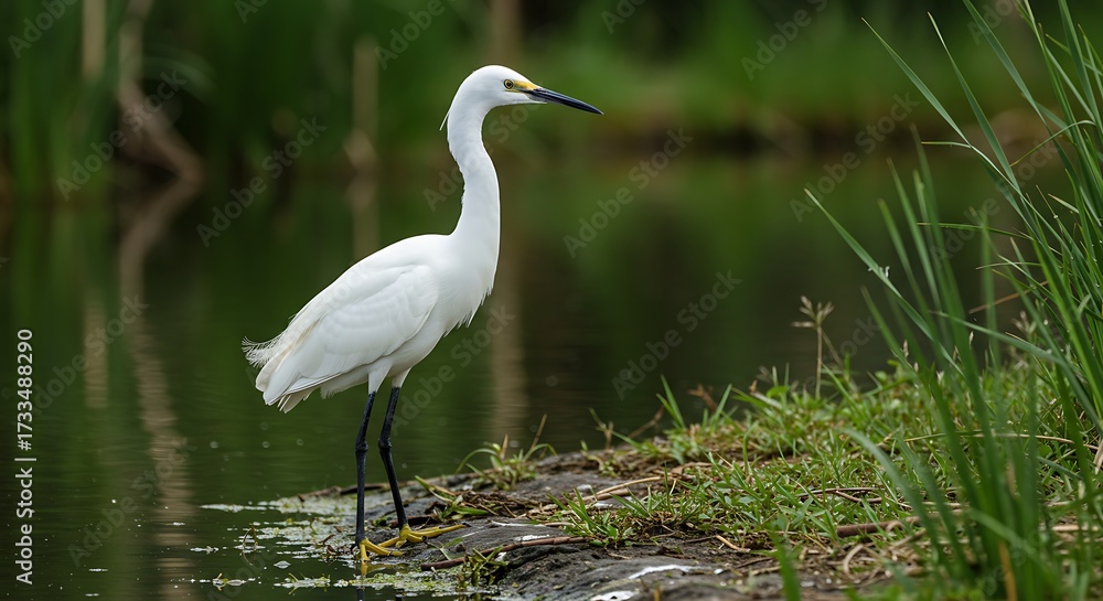 Naklejka premium Elegant snowy egret standing gracefully by a tranquil pond surrounded by nature's beauty
