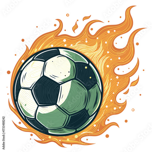 A soccer ball ablaze with orange flames and scattered sparks.