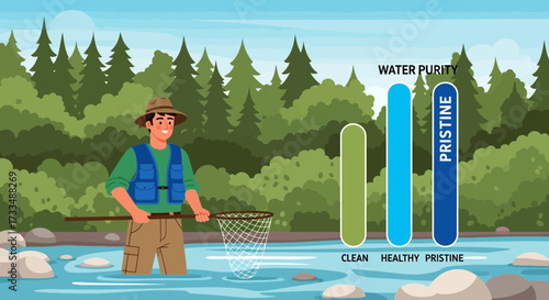 Illustration of a fly fisherman in nature showcasing water purity levels indicator