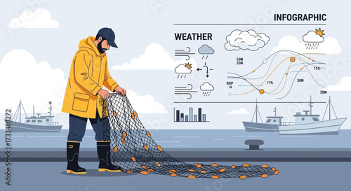 Fisherman Examining Net with Weather Infographic Backdrop on the Docks