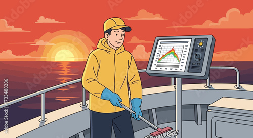 Seafarer's Routine: Mopping on Deck at Sunset while Monitoring Charts