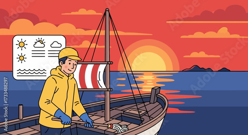 Seafaring chores at sunset: Man tending to his boat with coastal weather update