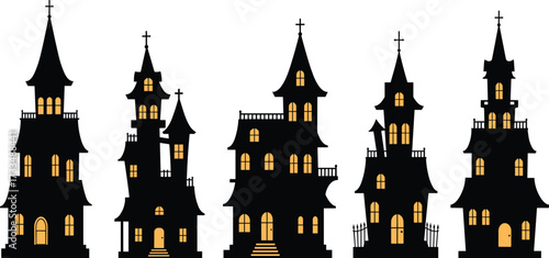 Haunted house silhouettes, spooky mansion clipart, Halloween building design, eerie architecture, glowing windows, ghost house art, scary night illustration