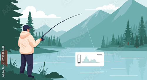 Angler utilizing technology for optimal fishing expedition in serene environment