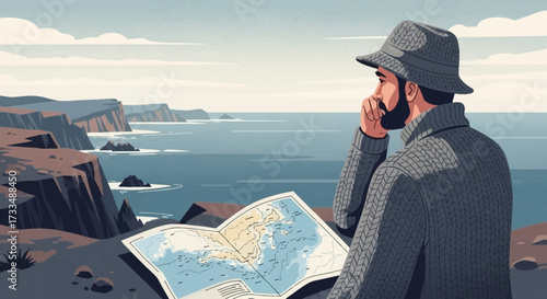Contemplative traveler pondering coastline path using map atop scenic cliffs