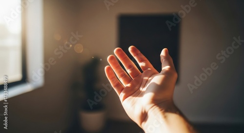 Hand reaching towards sunlight streaming from window, blurred room in background