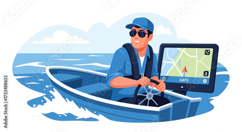 Illustration showcasing a boat captain navigating with advanced GPS technology