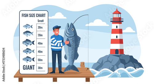 Illustrative scene of a fisherman holding a giant catch near a coastal lighthouse