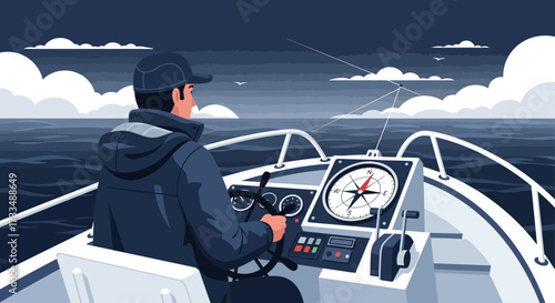Navigating the Open Seas: A serene illustration of a boat captain at the helm