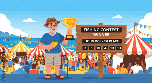 Illustrative scene of a seaside fishing contest with triumphant winner holding trophy