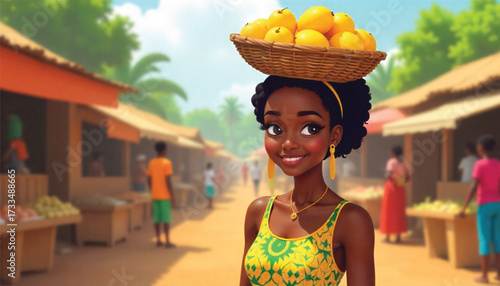 A-cute-African-woman-with-a-woven-basket-of-mangoes__ Ai Generate 
