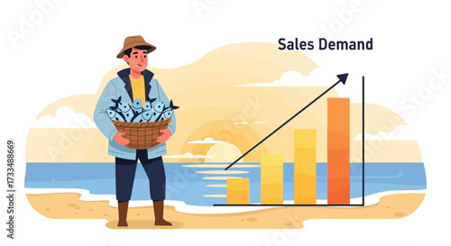 Fisherman's Catch Fuels Sales Demand Growth in a Seaside Economy Illustration