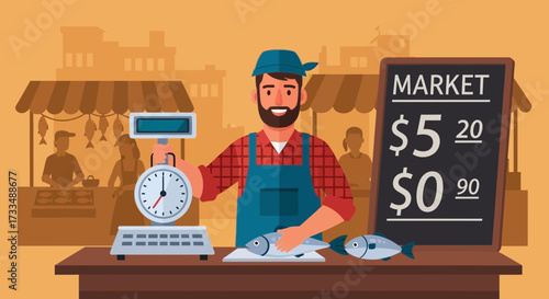 Vibrant illustration of fishmonger displaying fresh catch and pricing at outdoor market