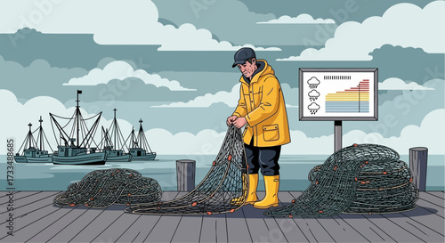 Fisherman repairing fishing nets on the pier with boats on the sea background