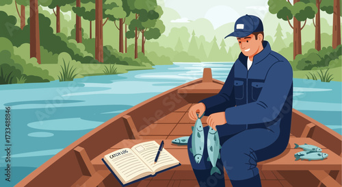 Angler's Journal: A Serene Scene of a Fisherman Documenting his River Catch