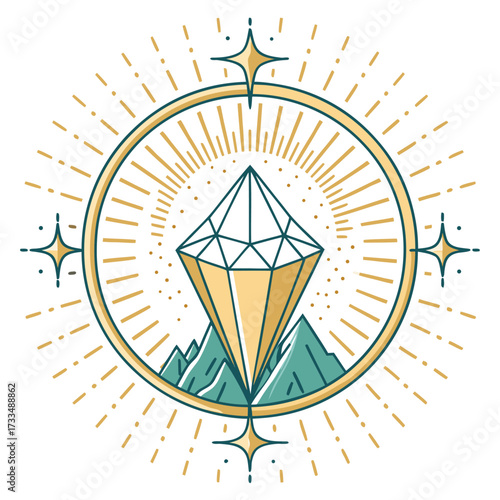 A stylized diamond shines above mountain peaks within a circular frame.