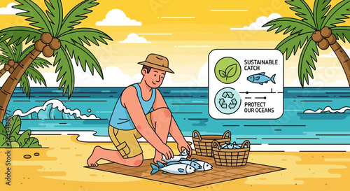 Sustainable fishing on a tropical beach promoting responsible seafood consumption