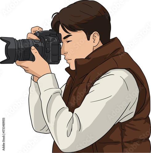📸 Title: Professional photographer capturing moment with DSLR camera, wearing outdoor vest, focused expression, high-quality lens, creative composition, artistic photography scene