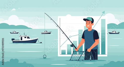 Strategically angling for market gains, the fisherman and his investment chart