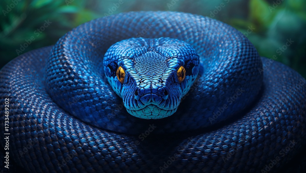 Fototapeta premium Blue snake close up with yellow eyes and coiled body on green background