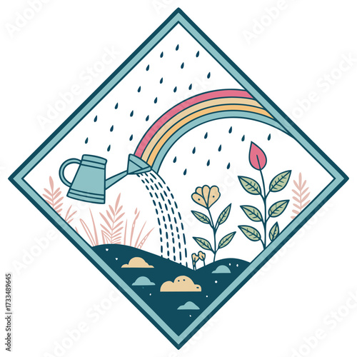 A watering can is watering plants with a rainbow in the background.