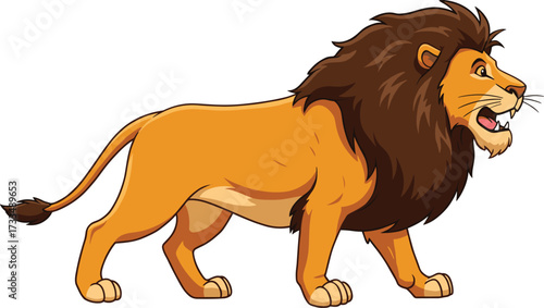 Roaring cartoon lion standing on white background, wild jungle animal illustration, strong predator, king of beasts, safari wildlife