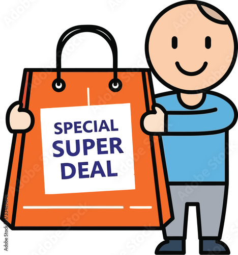 Happy person proudly holding a large shopping bag with a special super deal sign