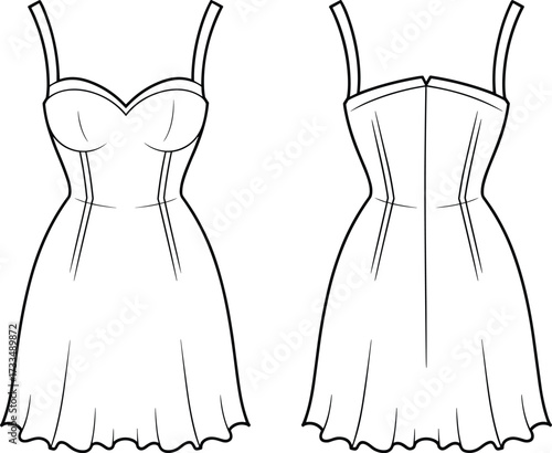 Sleeveless dress technical flat sketch, front and back view, bust cups, flared hemline, fitted bodice, fashion design, garment construction illustration