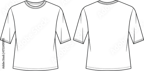 Short sleeve T-shirt technical sketch, front and back view, round neckline, standard fit, garment construction, fashion illustration, apparel design
