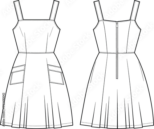 Sleeveless dress technical sketch, fashion illustration front and back, flared skirt, patch pockets, princess seams, zipper closure, garment design
