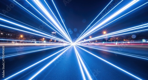 Light streaks blur into point, road view with street lights, dark cityscape