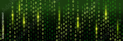 Green binary rain background with glimmer and glowing light. Binary code with green light.
