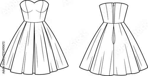 Strapless dress fashion sketch, sweetheart neckline, flared skirt, technical illustration, front and back view, garment design, pattern making, couture