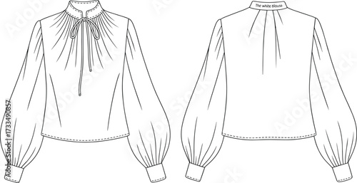 Technical blouse sketch, gathered neckline, tie front, voluminous sleeves, fitted cuffs, cropped hem, fashion illustration, garment design, sewing template
