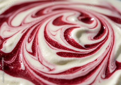 Mesmerizing Macro View of a Glossy Red Berry Coulis Swirling in Creamy White Yogurt.