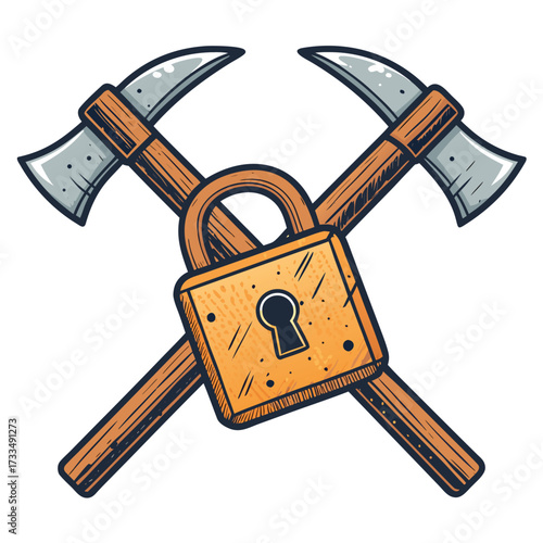 Two crossed axes locked together by a padlock. A security symbol.