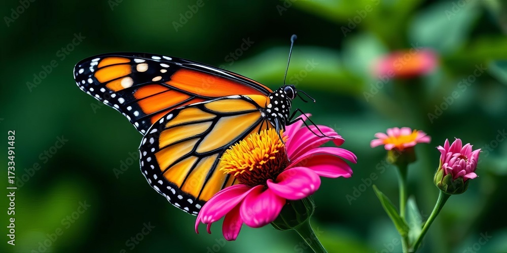 Naklejka premium Close-up of vibrant monarch butterfly on flower, beauty, butterfly wings