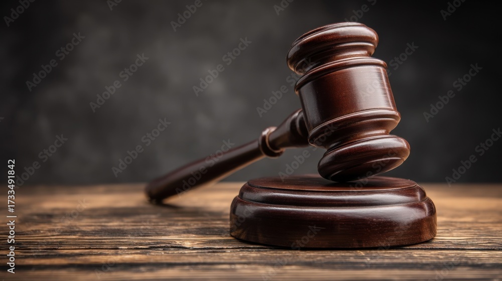 Obraz premium A wooden gavel rests on its sound block against a dark textured wall,